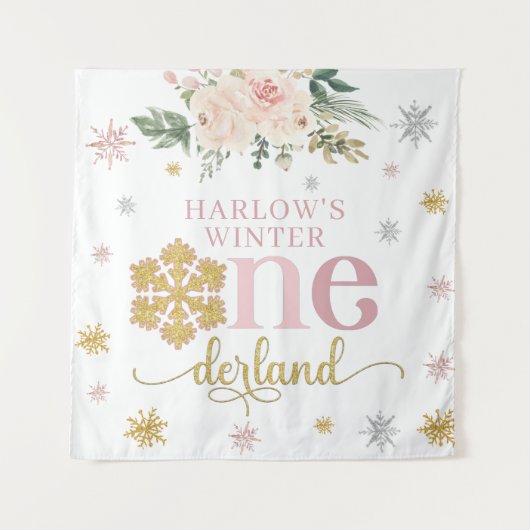 ウィンター フローラル スノーフレーク ワンダーランド 1歳の誕生日 タペストリー (正面)