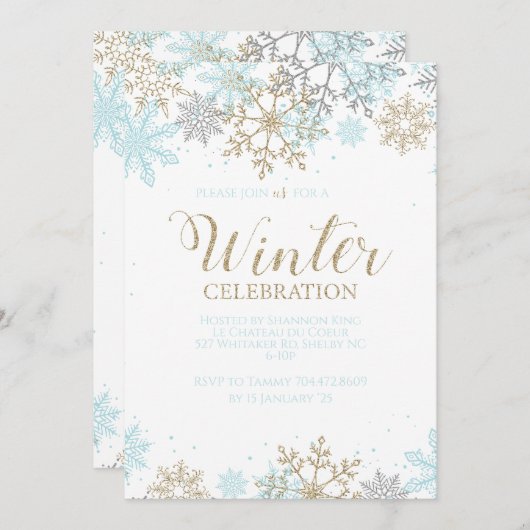 ウィンター ブルー ゴールド シルバー 雪の結晶 誕生日 招待状 (正面/裏面)