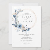 ウィンター ブルー フラワー フレーム ウェディング フォト 招待状 (正面)
