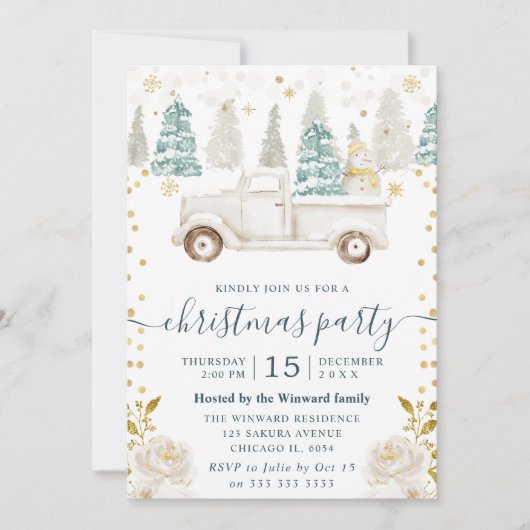 ウィンター ホワイト & ゴールド トラック フラワー クリスマス 招待状 (正面)