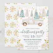 ウィンター ホワイト & ゴールド トラック フラワー クリスマス 招待状 (正面/裏面)
