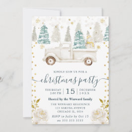 ウィンター ホワイト & ゴールド トラック フラワー クリスマス 招待状