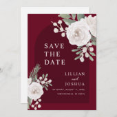 ウィンター ホワイト ボタニカル バーガンディ ウェディング セーブザデート (正面/裏面)
