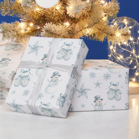 ウィンター ミトンと雪だるまのブルークリスマスギフト ラッピングペーパー (クリスマス)