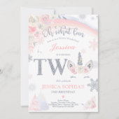 ウィンター・ユニコーン第2誕生日ピンク&シルバー・ユニコーン 招待状 (正面)