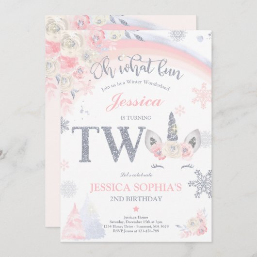 ウィンター・ユニコーン第2誕生日ピンク&シルバー・ユニコーン 招待状 (正面/裏面)