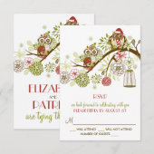 ウィンター・レトロ・フクロウ フラワーホリデーRSVPカード 招待状 (正面/裏面)