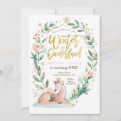 ウィンター ワンだーランド ピンク ゴールド ウッドランド 鹿の誕生日 招待状 (正面)