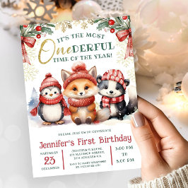 ウィンター・ワンダーランドの可愛い雪と動物 1歳の誕生日 招待状
