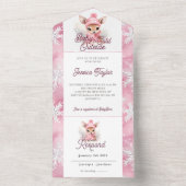 ウィンター・ワンダーランドの女の子 鹿 ピンク 白の雪の結晶 オールインワン招待状 (内側)