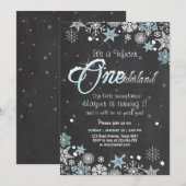 ウィンター ワンダーランドの誕生日パーティーの招待状 青と白 招待状 (正面/裏面)
