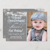 ウィンター ワンダーランドの誕生日パーティー招待状 男の子ブルー 招待状 (正面/裏面)