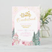 ウィンター ワンダーランドの雪だるまの女の子 ファースト ピンク バースデー 招待状 (スタンド正面)