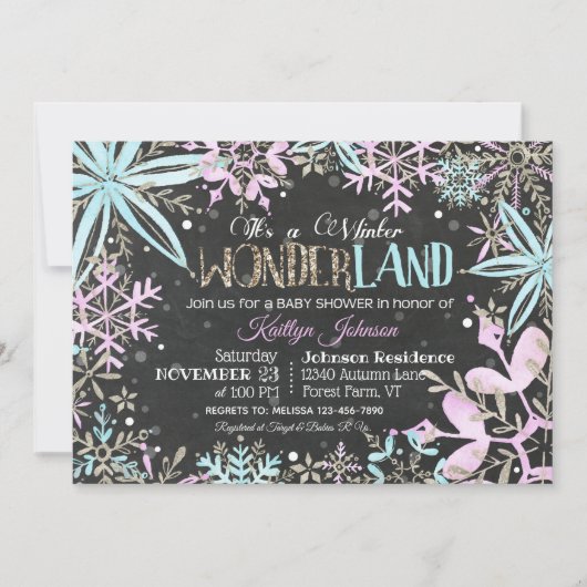 ウィンター ワンダーランドの雪の結晶が輝くベビーシャワー 招待状 (正面)