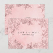 ウィンター ワンダーランドの雪の結晶 ピンクの Save the Date 案内ポストカード (正面/裏面)