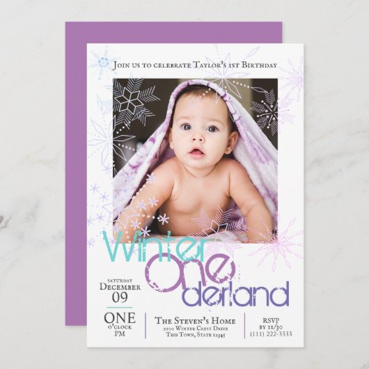 ウィンター・ワンダーランドの雪の結晶 赤ちゃんの1歳の誕生日 招待状 (正面/裏面)