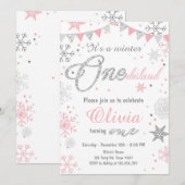 ウィンター·ワンダーランド誕生日の招待状ピンク·シルバー 招待状 (正面/裏面)