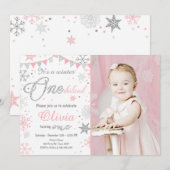 ウィンター·ワンダーランド誕生日の招待状ピンク·シルバー 招待状 (正面/裏面)