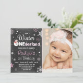 ウィンター·ワンダーランド誕生日招待雪だるまピンク 招待状 (スタンド正面)