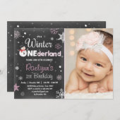 ウィンター·ワンダーランド誕生日招待雪だるまピンク 招待状 (正面/裏面)