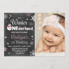 ウィンター·ワンダーランド誕生日招待雪だるまピンク 招待状