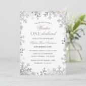ウィンター・ワンダーランド1歳の誕生日シルバースノーフレーク 招待状 (スタンド正面)
