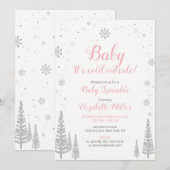 ウィンター・ワンダーランド、ガール・ベイビー・スプリンクル、ピンク・シルバー 招待状 (正面/裏面)