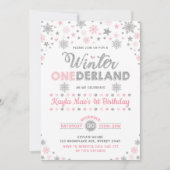 ウィンター ワンダーランド シルバー ピンク スノーフレーク バースデー 招待状 (正面)