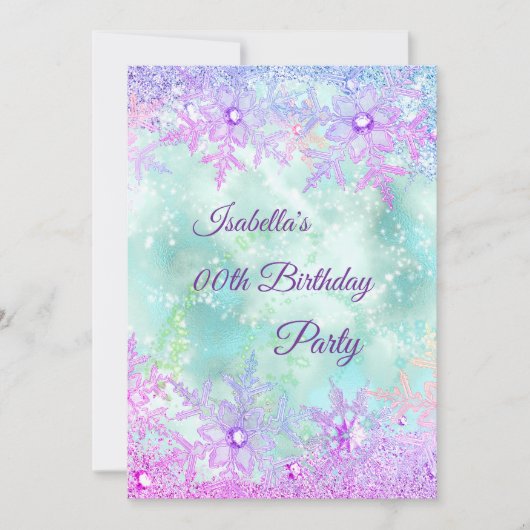 ウィンター ワンダーランド ティール ブルー パープル ピンク パーティー 招待状 (正面)