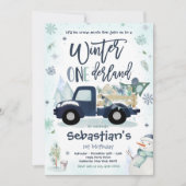 ウィンター ワンダーランド ネイビー トラック スノーマン パーティー 招待状 (正面)