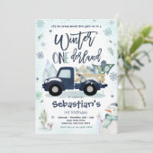 ウィンター ワンダーランド ネイビー トラック スノーマン パーティー 招待状 (スタンド正面)