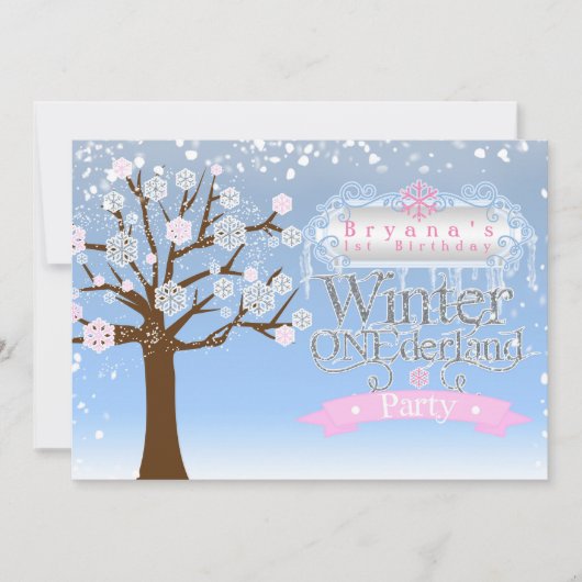 ウィンター・ワンダーランド・ピンクのバースデー写真招待状 招待状 (正面)