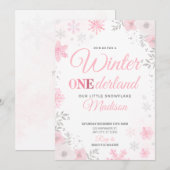 ウィンター ワンダーランド ピンクの雪の結晶 1歳のお誕生日招待状 招待状 (正面/裏面)