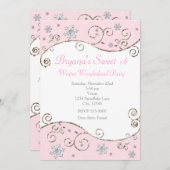 ウィンター ワンダーランド ピンクパーティー スノーフレーク インビテーション (正面/裏面)