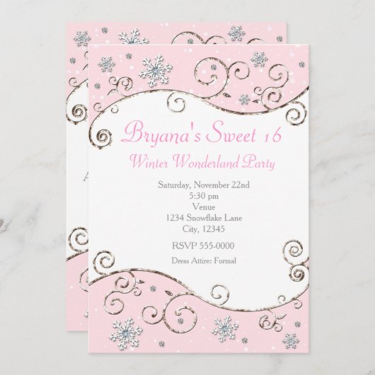 ウィンター ワンダーランド ピンクパーティー スノーフレーク インビテーション (正面/裏面)