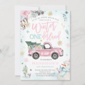 ウィンター ワンダーランド ピンク ウィンター トラック スノーマン パーティー 招待状 (正面)