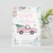 ウィンター ワンダーランド ピンク ウィンター トラック スノーマン パーティー 招待状 (スタンド正面)