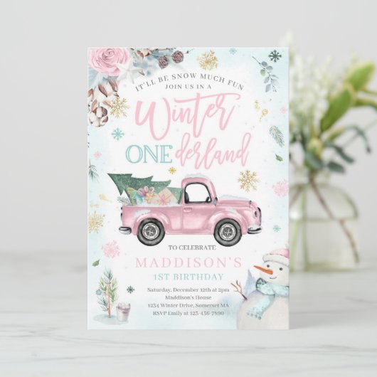 ウィンター ワンダーランド ピンク ウィンター トラック スノーマン パーティー 招待状 (スタンド正面)