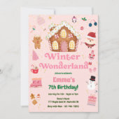 ウィンター ワンダーランド ピンク クリスマス 誕生日 招待状 (正面)