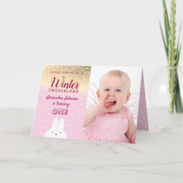 ウィンター・ワンダーランド ピンク＆ゴールドラメ 1歳の誕生日 招待状