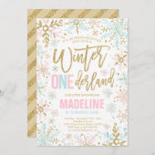 ウィンター ワンダーランド ピンク ゴールド スノーフレーク 1歳 誕生日 招待状 (正面/裏面)