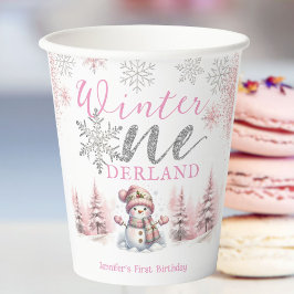 ウィンター・ワンダーランド ピンク シルバー グリッター 1歳の誕生日 紙コップ