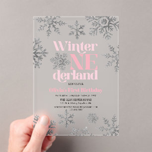 ウィンター・ワンダーランド ピンク シルバー スノーフレーク バースデー アクリル招待状