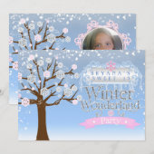 ウィンター ワンダーランド ピンク バースデー フォト 招待状 (正面/裏面)