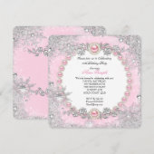 ウィンター ワンダーランド ピンク パール スノーフレーク 誕生日 招待状 (正面/裏面)