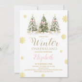 ウィンター ワンダーランド ピンク & フェイク ゴールド 1歳 誕生日  I 招待状 (正面)