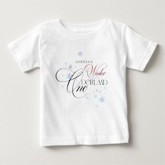 ウィンター ワンダーランド ピンク リボン 1歳の誕生日パーティー ベビーTシャツ (正面)