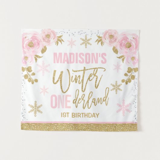 ウィンター ワンダーランド ピンク 1歳誕生日パーティーバナー タペストリー (正面(横))