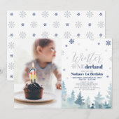 ウィンター ワンダーランド ブルーボーイ 1歳の誕生日 フォト 招待状 (正面/裏面)
