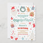 ウィンター ワンダーランド ブルー クリスマス バースデー パーティー 招待状 (正面)